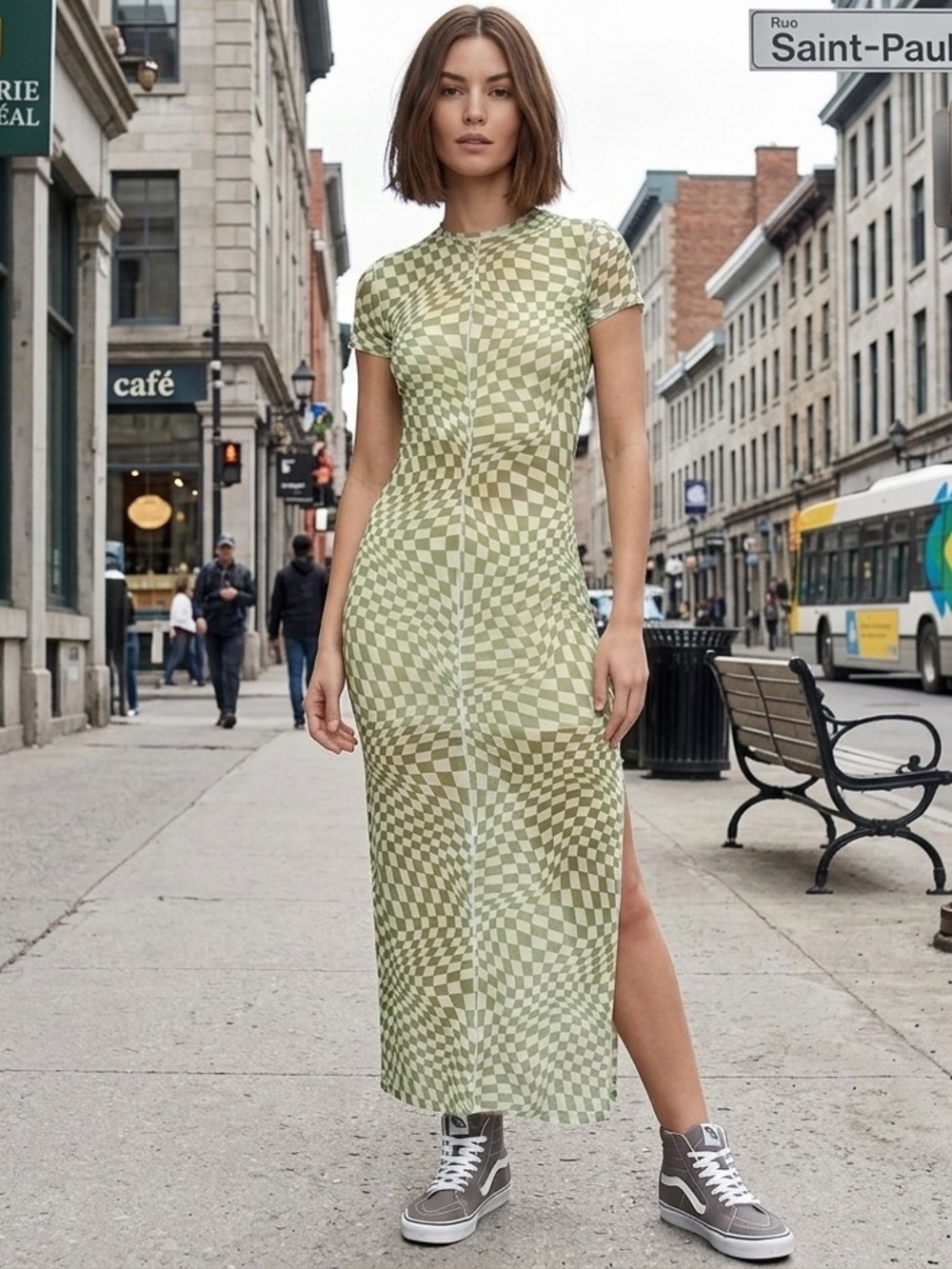 Y2K Lime Green Optical Illusion Mesh Maxi Dress Side Slit